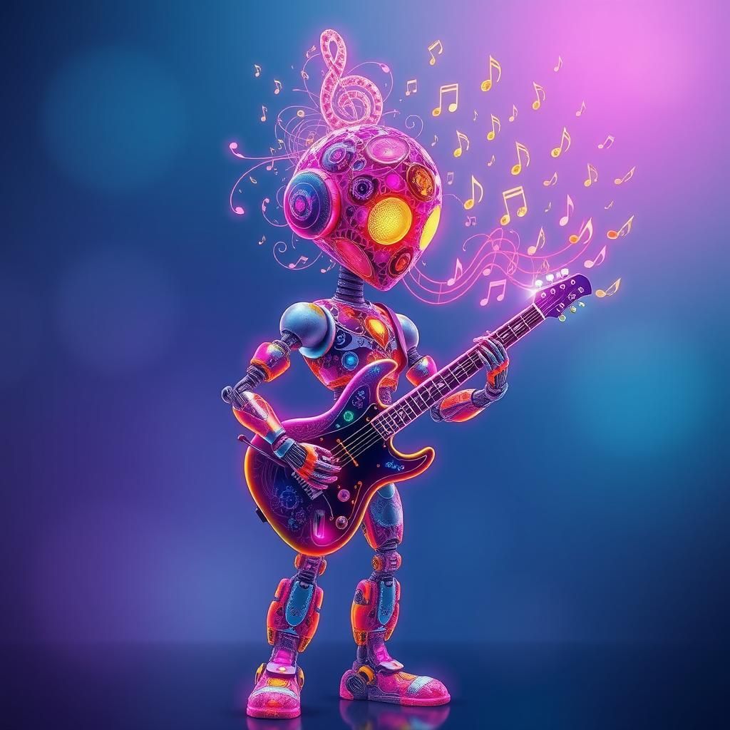 Musical Robot Playing Guitar in Surreal Style