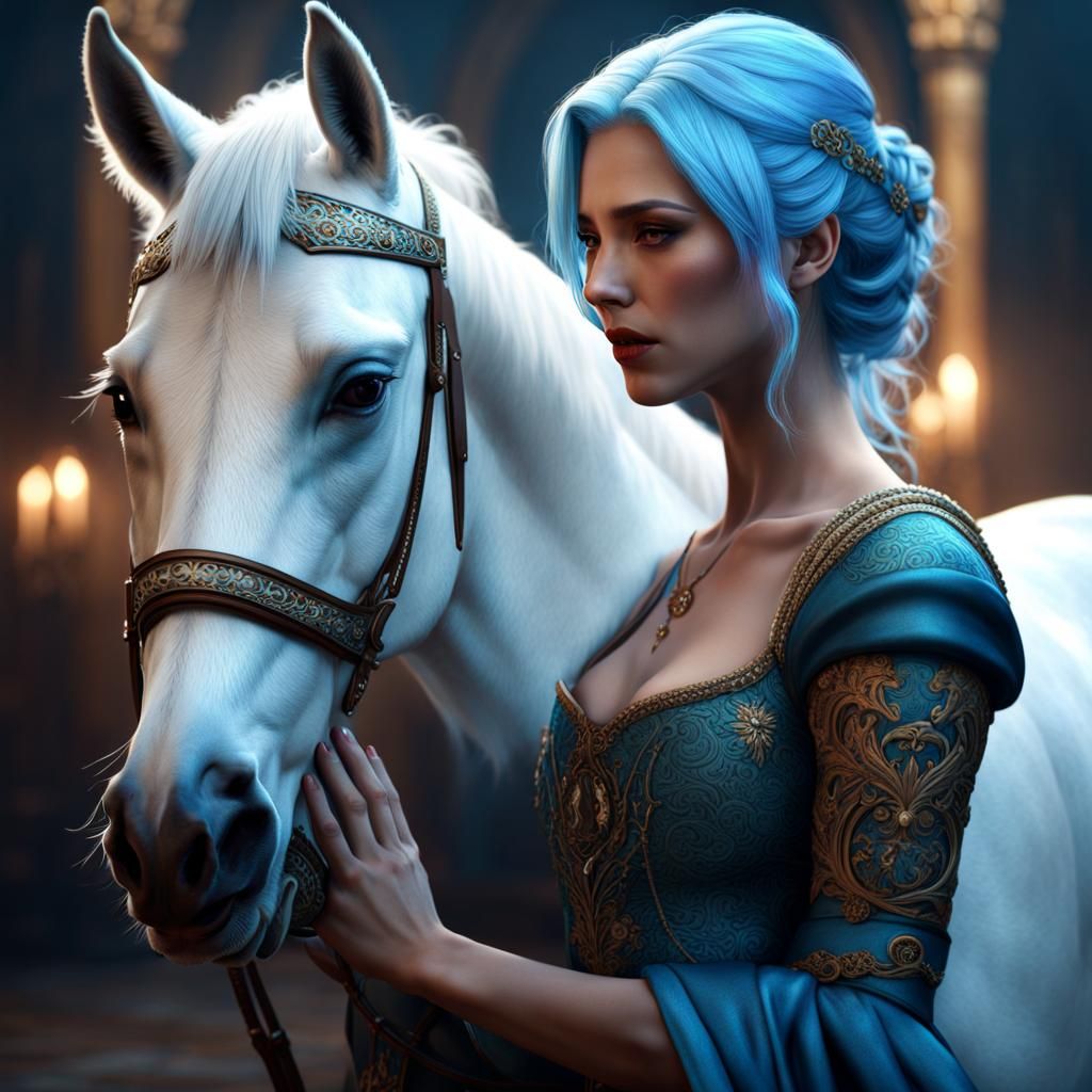 Woman with Light-Blue Hair Hugging a White Horse