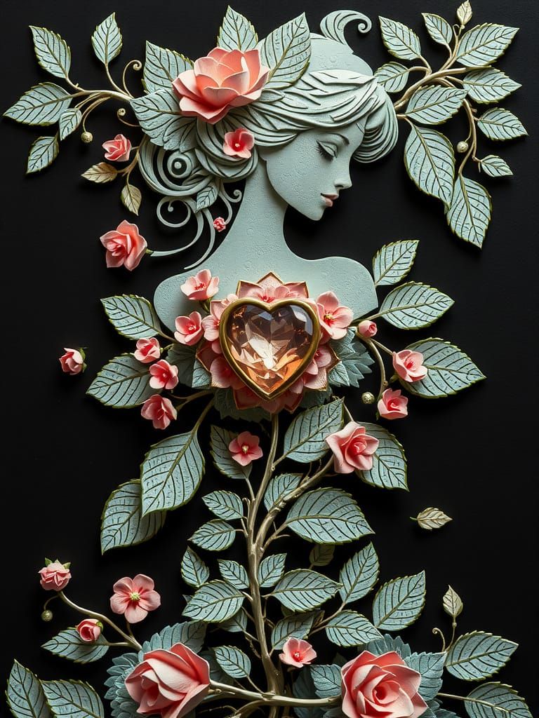 Victorian Woman of Leaves with Heart Jewel and Floral Carvin...