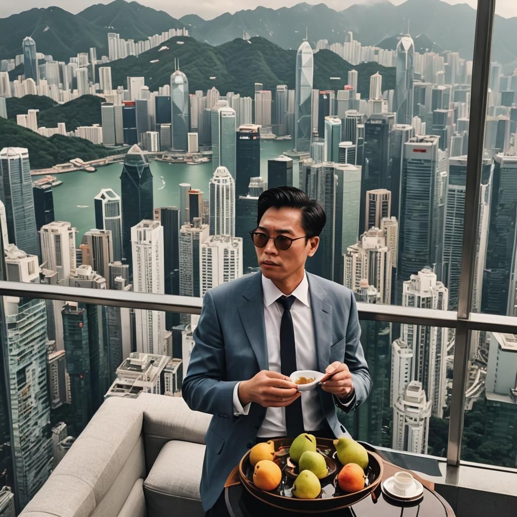 Billionaire Overlooking Hong Kong While Eating Pear