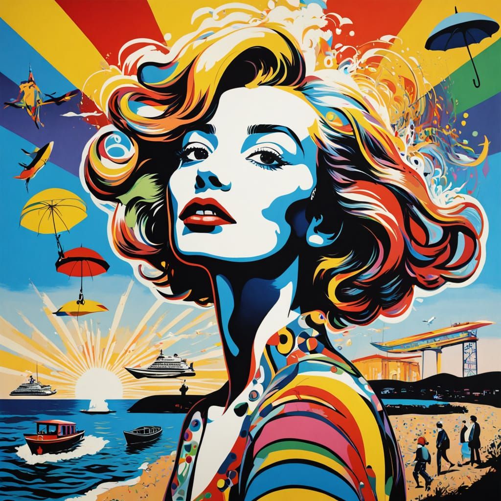 Pop Art Woman on Beach at Psychedelic Sunset