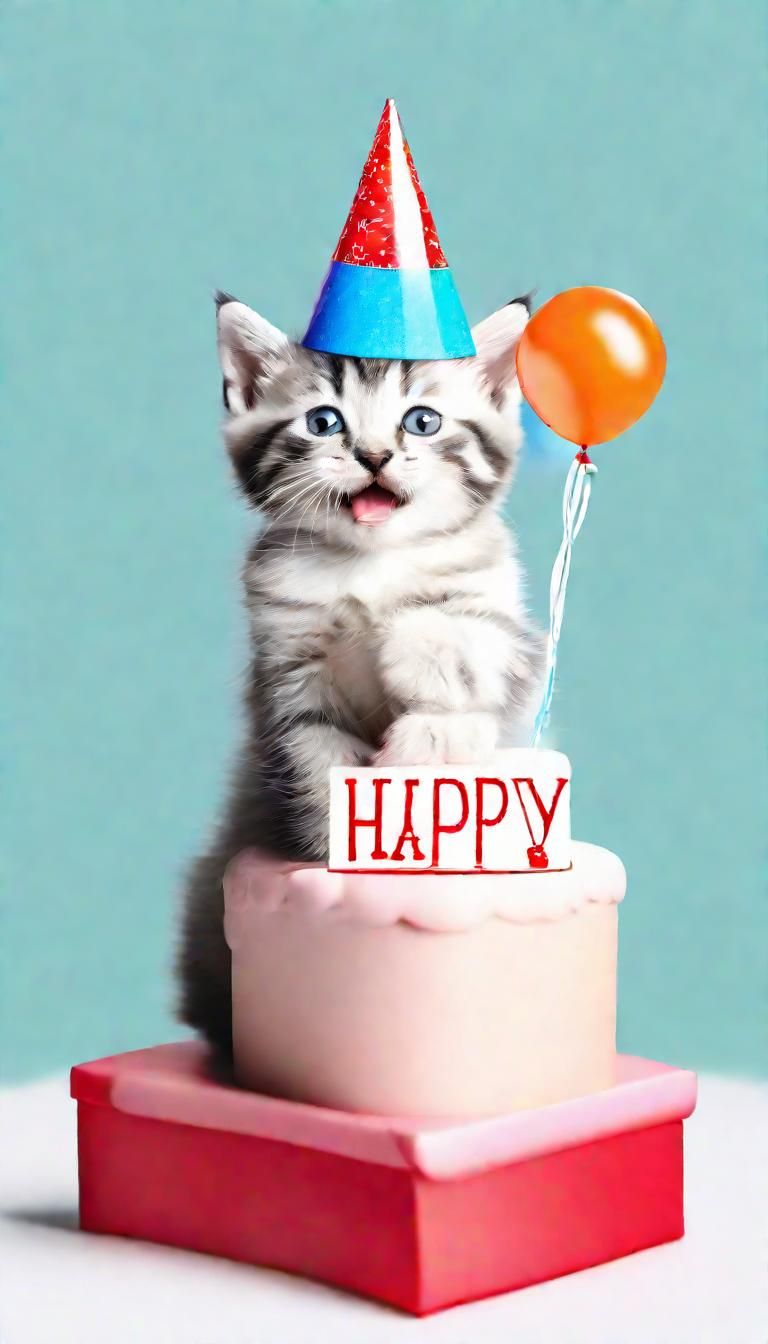 Kitten Celebrates Birthday with Cake and Hat