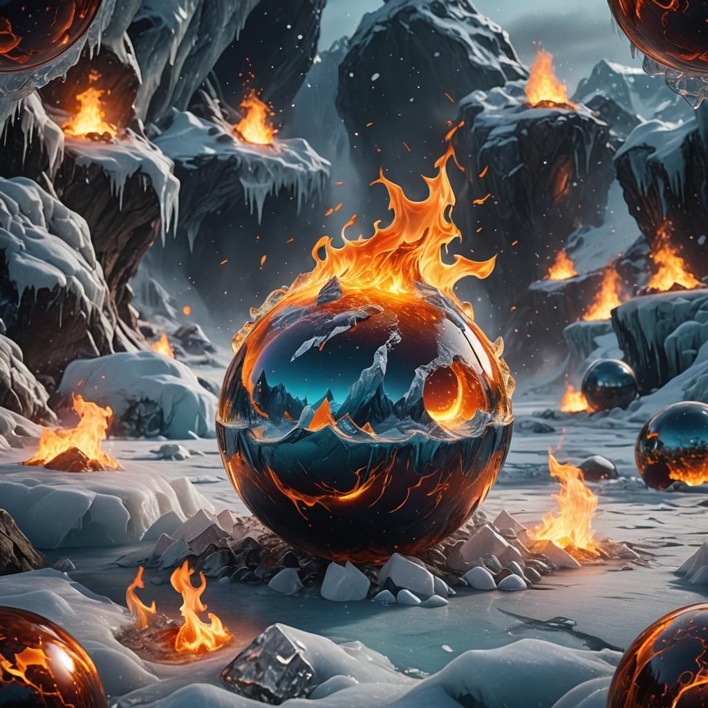 Fiery Orb in Ice Sphere: Digital Fantasy Art