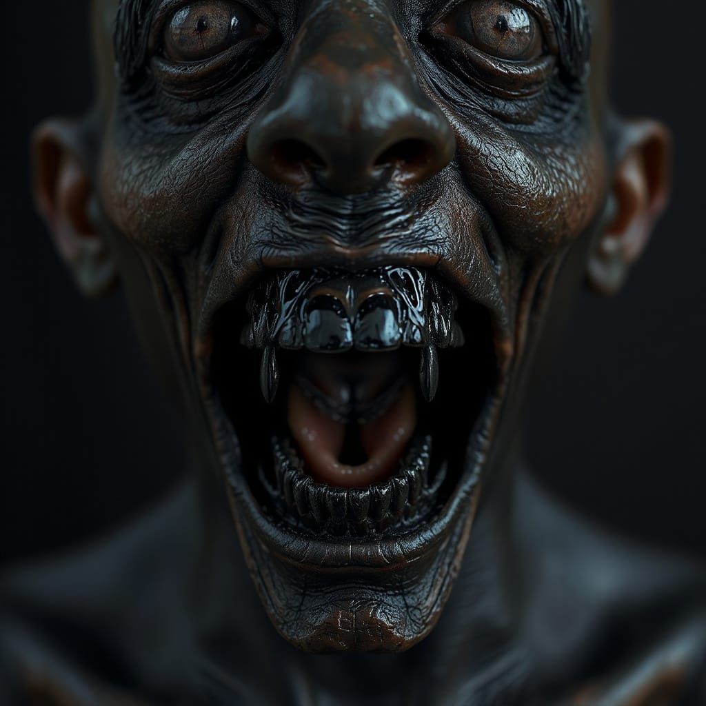 Grotesque Blob Person Head with Black Skin and Teeth