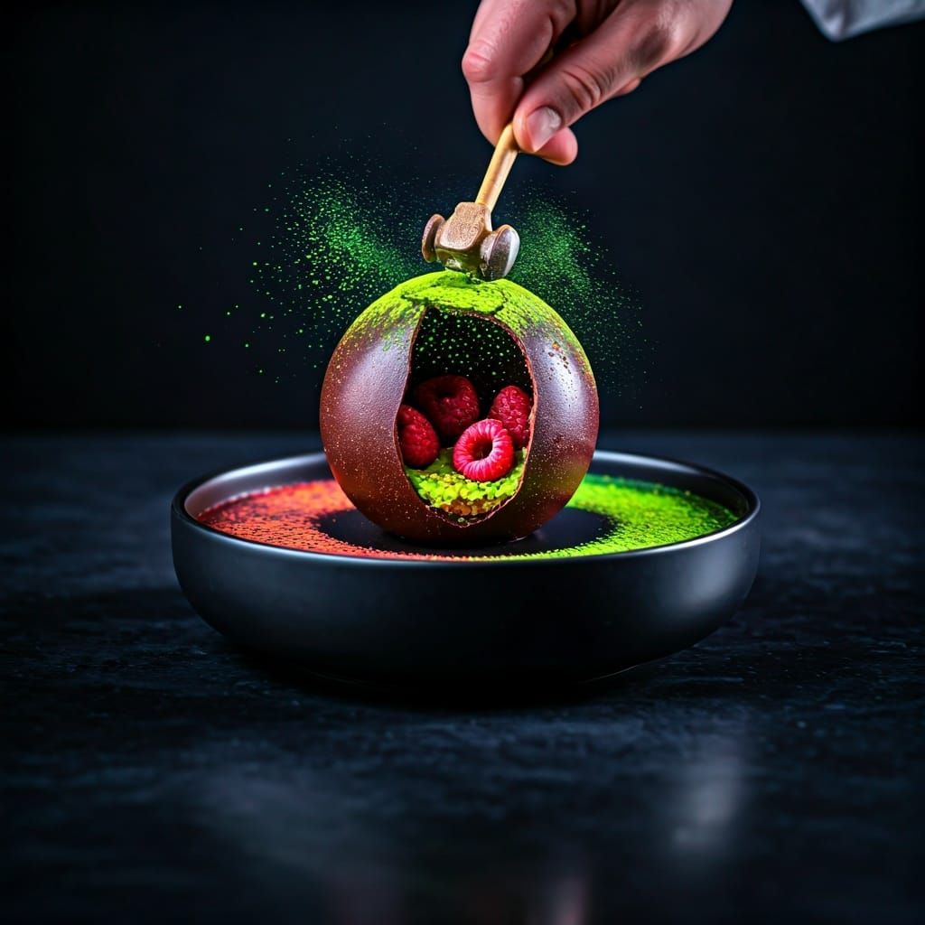 Shattered Isomalt Sphere with Chocolate Cream, Futuristic Ne...