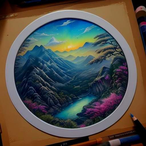 Detailed Asian Landscape in Bioluminescent Ink Style