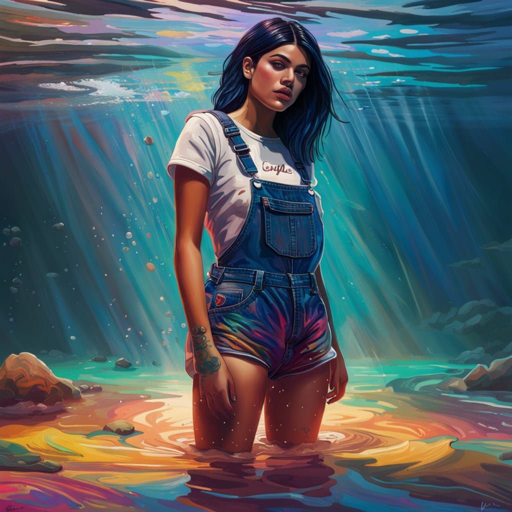 Hyperrealistic Woman in Shallow Water with Colorful Backgrou...