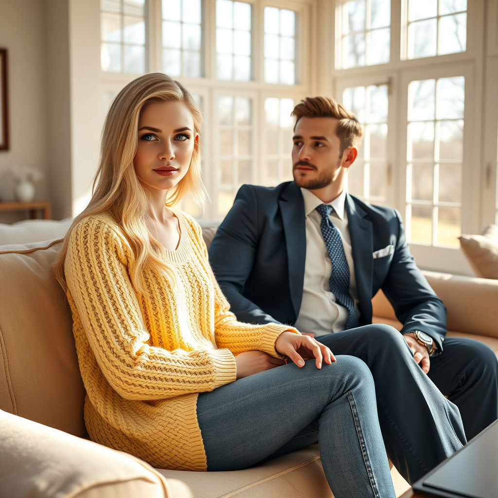 Woman and Man in Sunlit Room, Hyperrealistic Digital Art