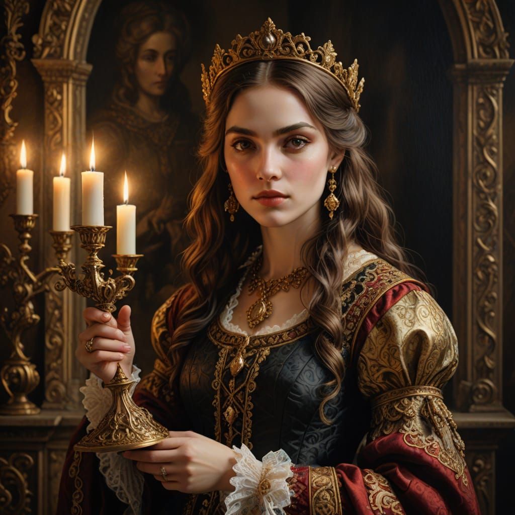 Gothic Renaissance Maiden Offers Golden Chalice in Warm Cand...