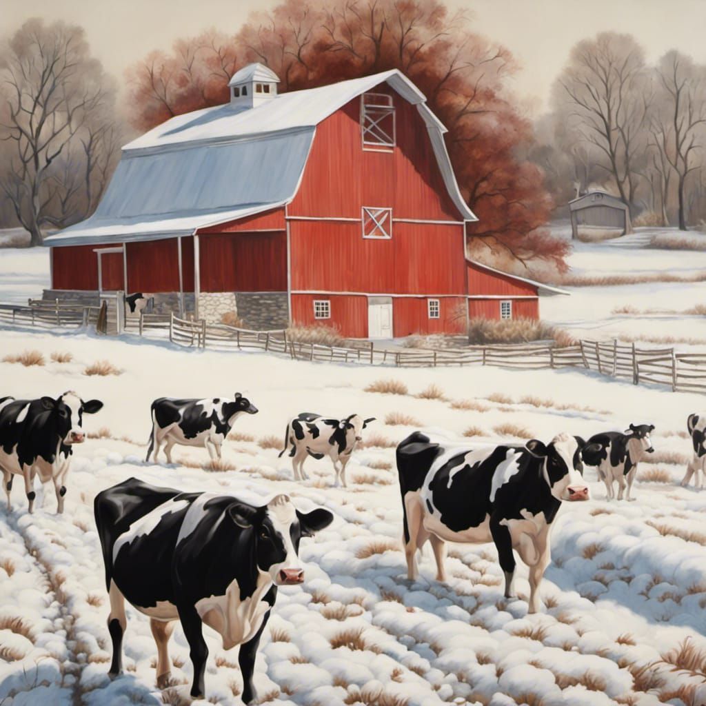 Vintage Farmhouse with Cows in Impressionistic Winterscape