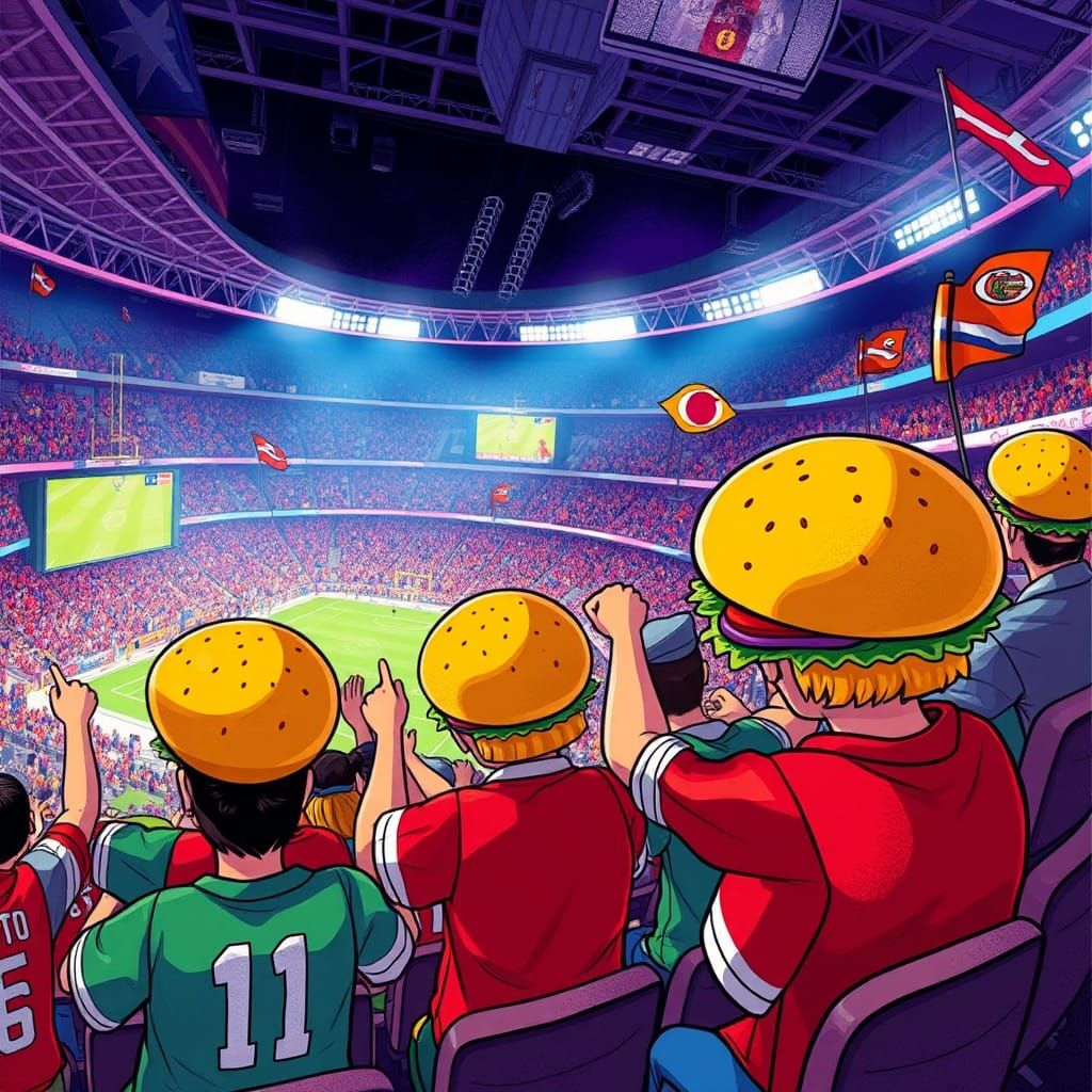 Burger-Headed Fans Cheer in Stadium, Cartoon Style