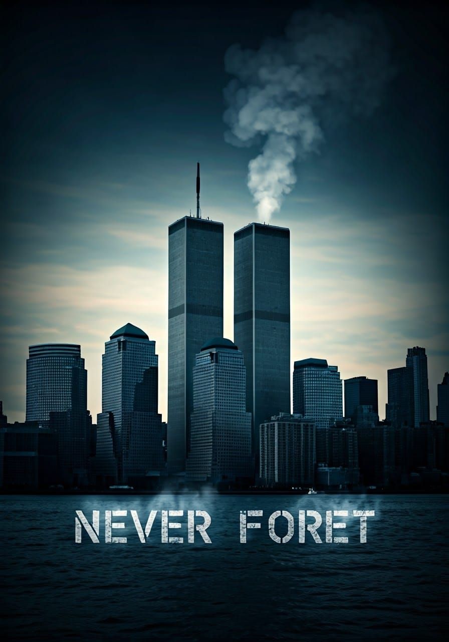 Twin Towers Silhouette with "Never Forget" Typography