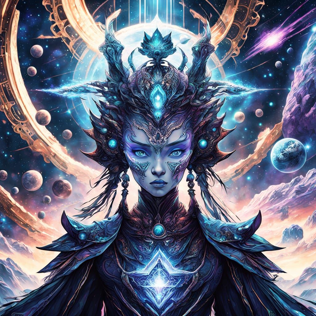 Empress Overlooking Star System in Cosmic Gown