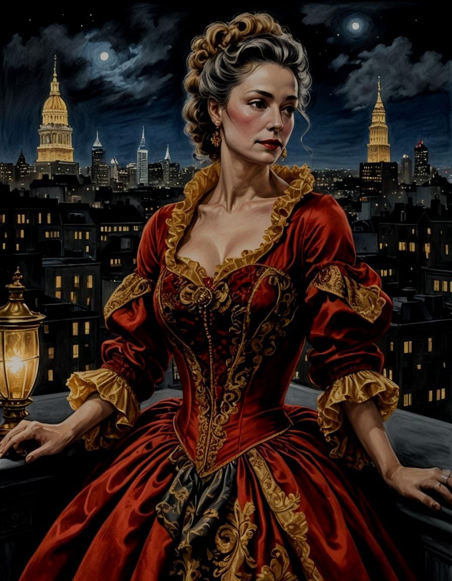 Rococo Woman on New York City Terrace in Charcoal