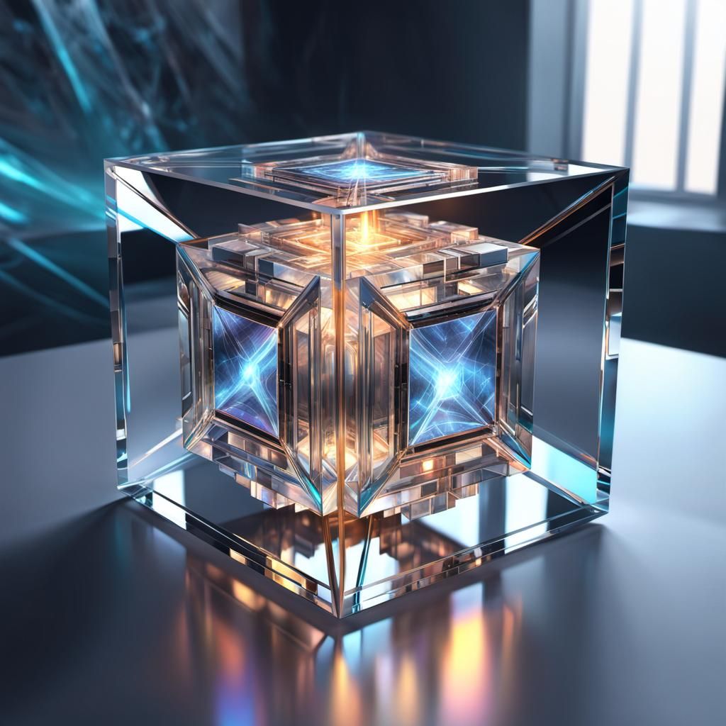 An highly detailed transparent layered rendering of the transparent+lazer+mirror cube by Raymond Swanland, Juan Gris, an...