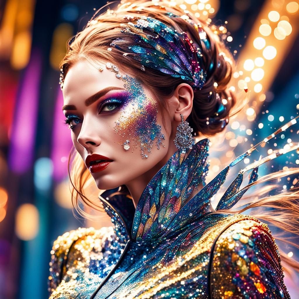 Sparkling Dress Catwalk Model in Hyperrealistic Splash Art