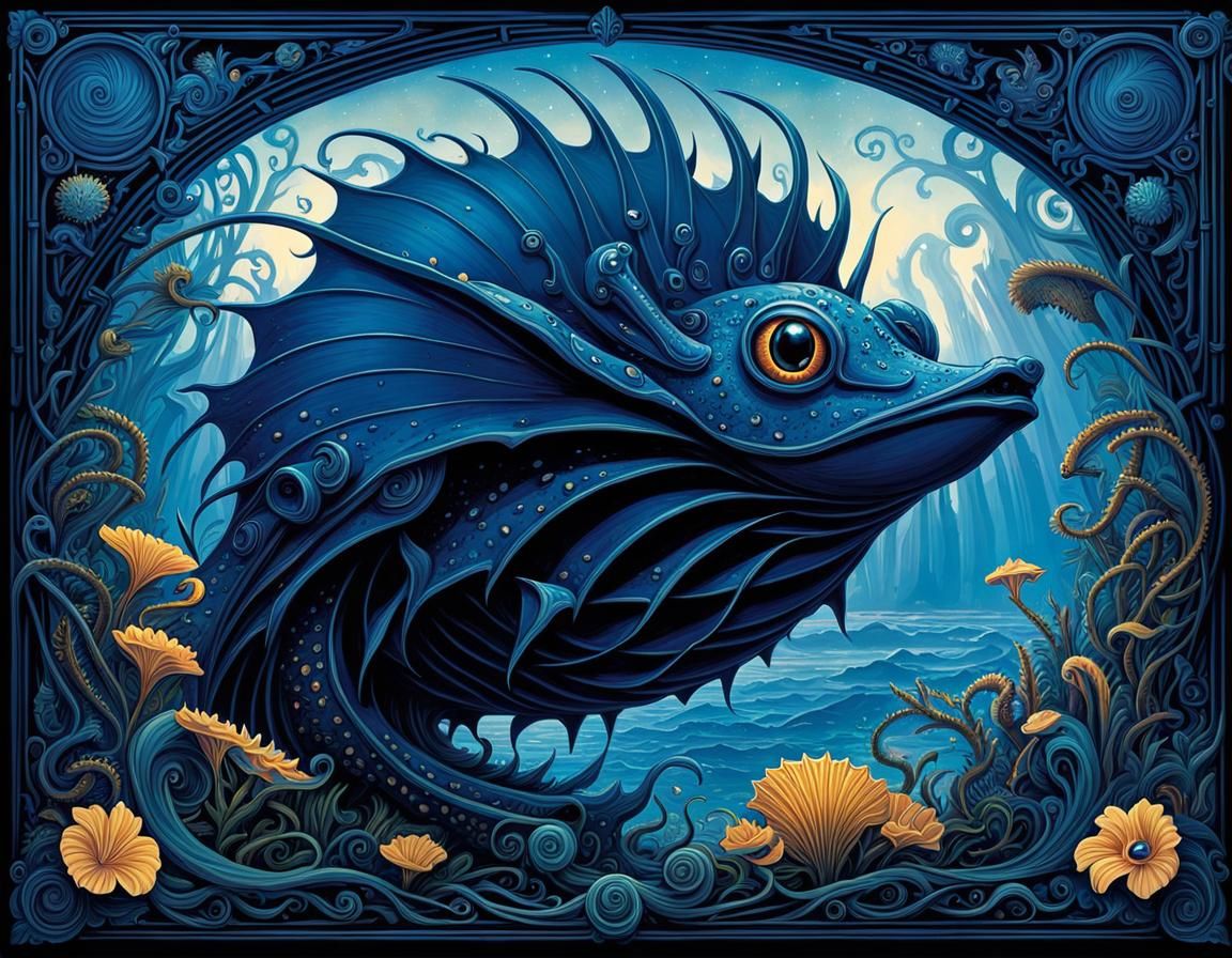 Blue Dragon Sea Slug Scherenschnitte in Art Nouveau Style