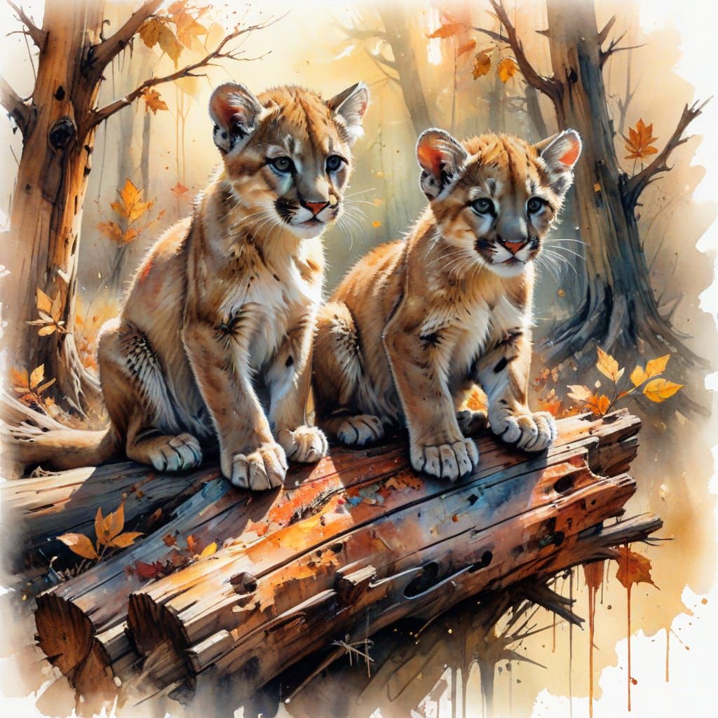 Mountain Lion Cubs Play on Log in Autumn Sunlight