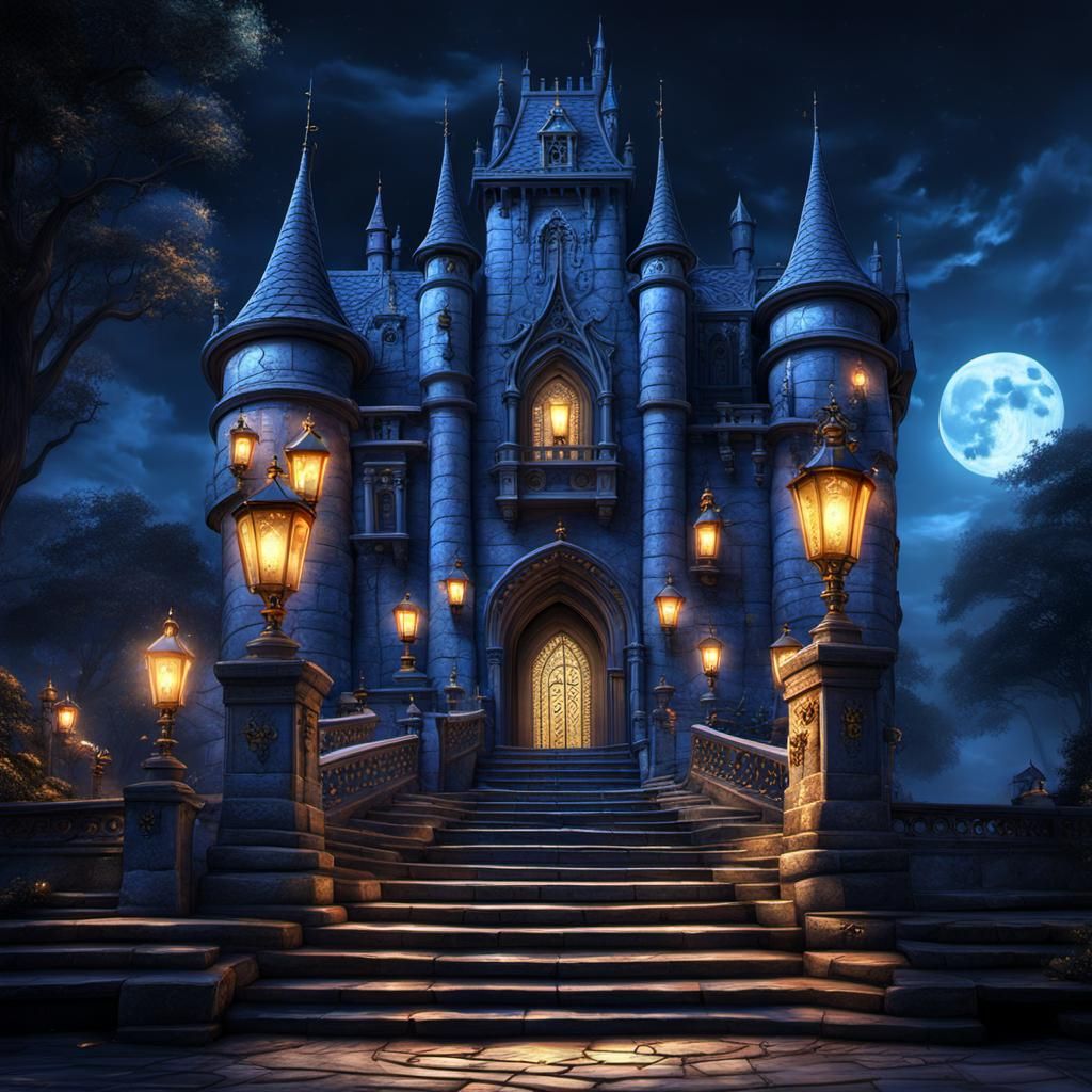 Fantasy Castle Staircase in Moonlight: 3D Digital Art