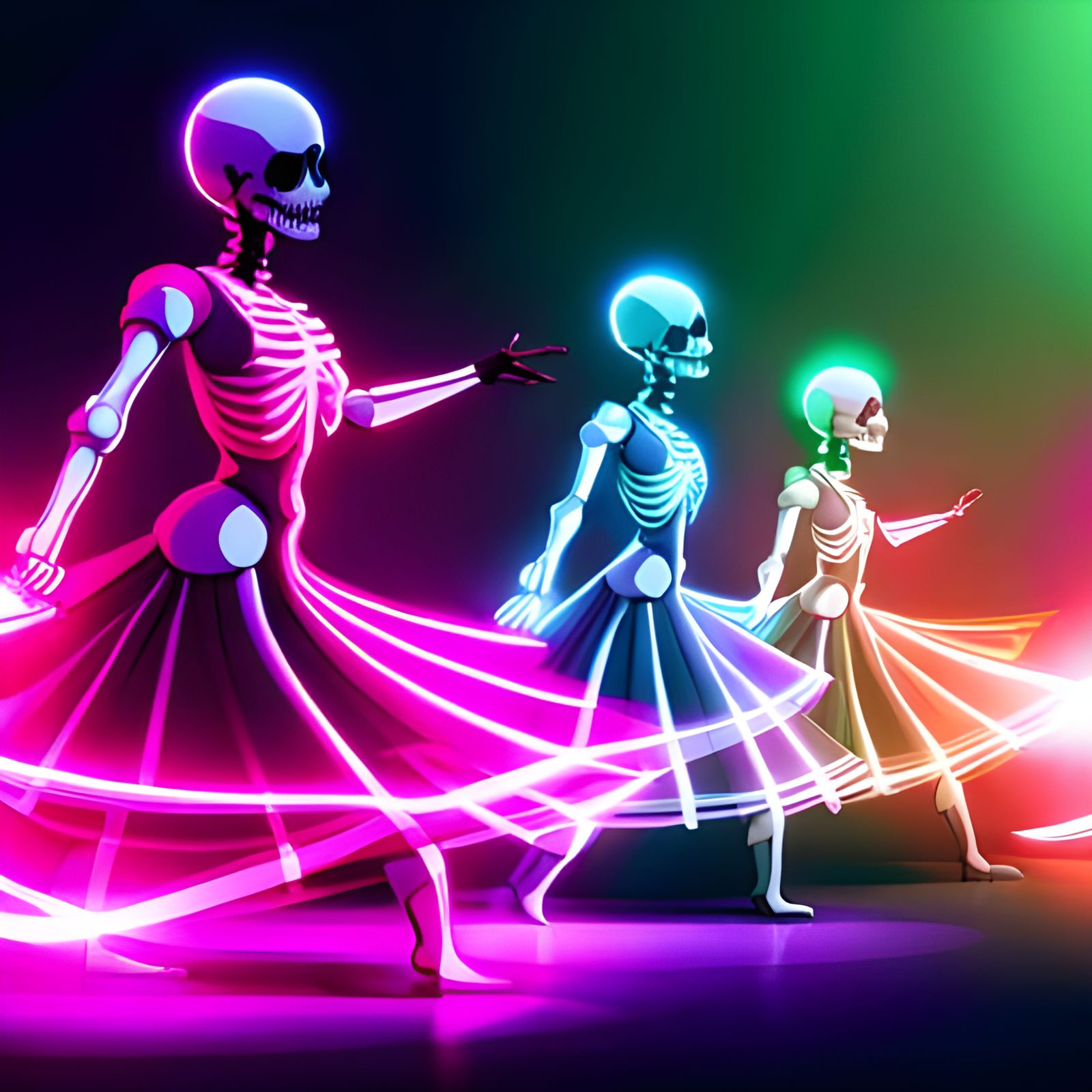 Skeletons Waltzing in a Glowing Manhwa Style