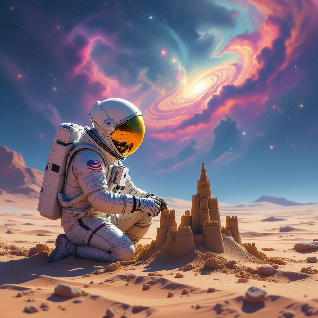 Astronaut Builds Sandcastle Under Cosmic Sky