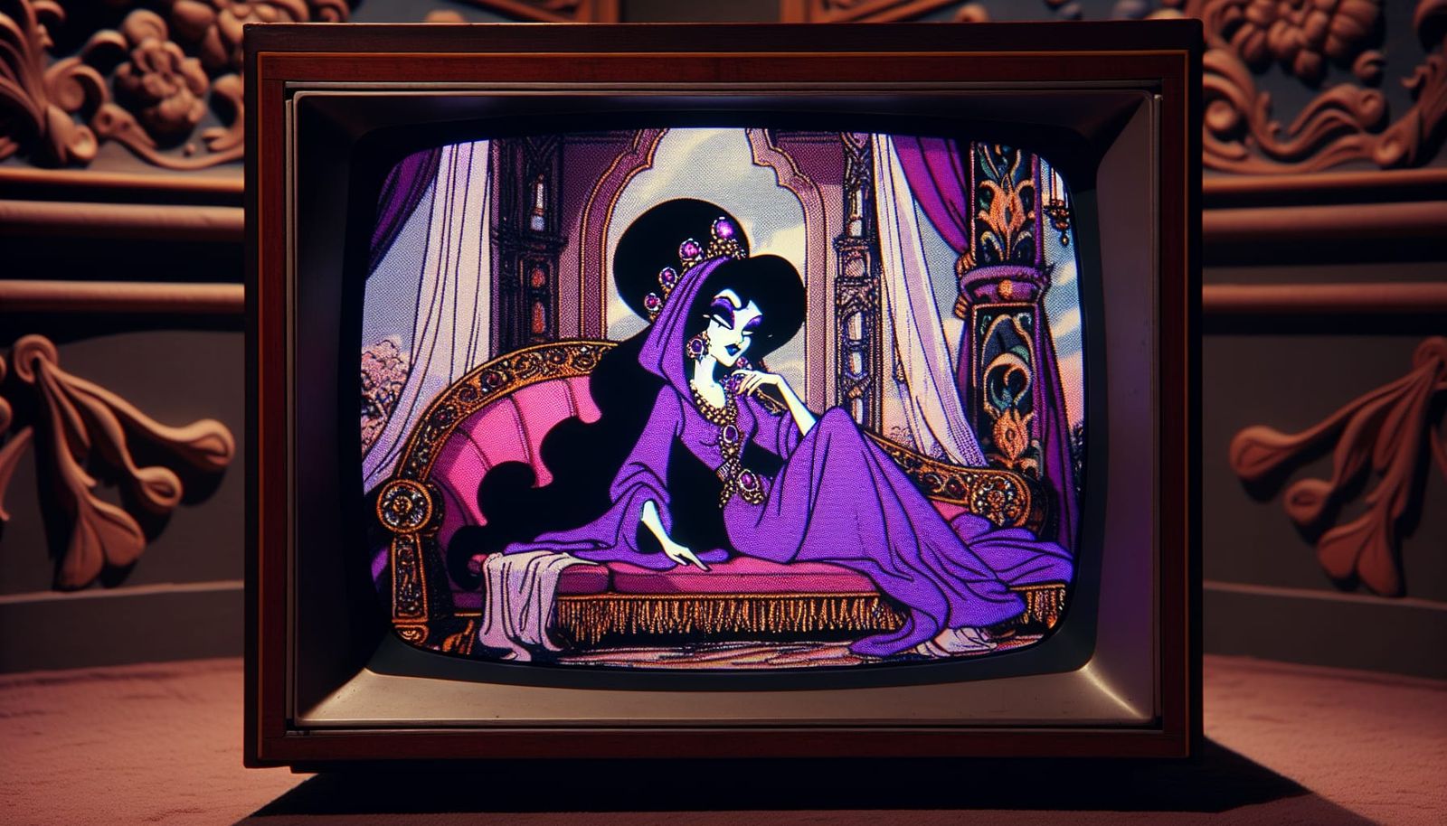 Vintage Sorceress on CRT TV in Opulent Palace