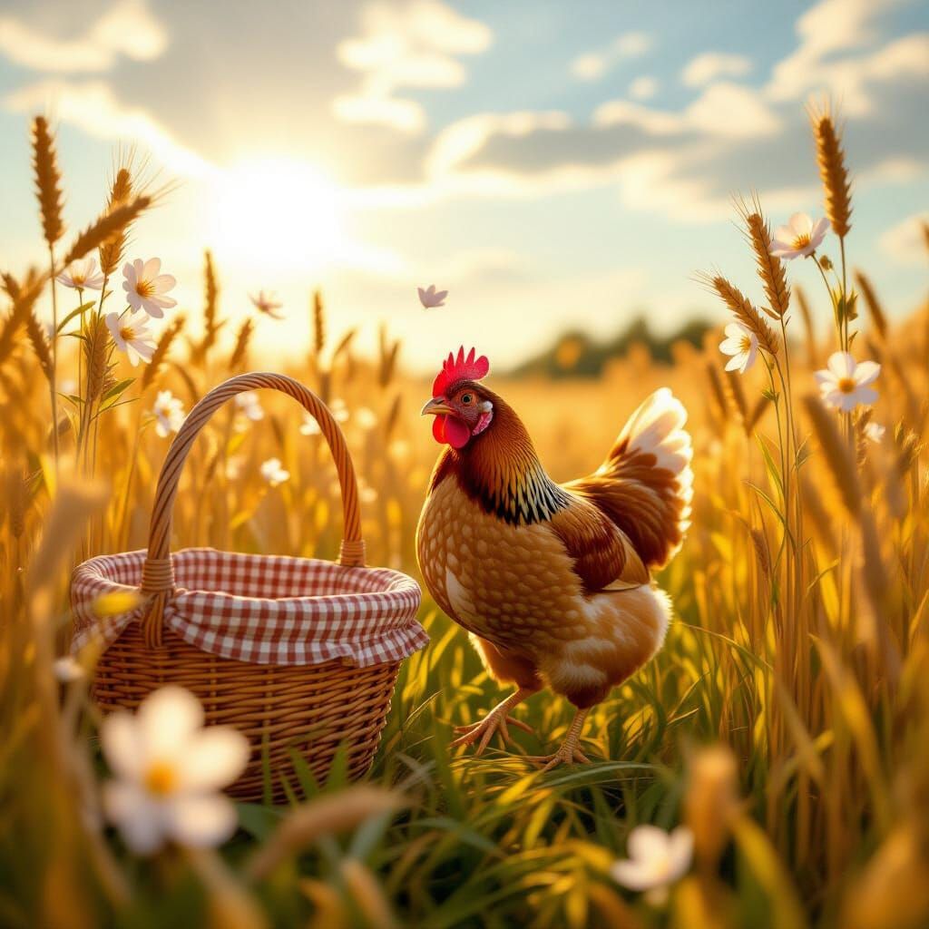 Plump Chicken Bustles Through Golden Wheat Field in Anime St...