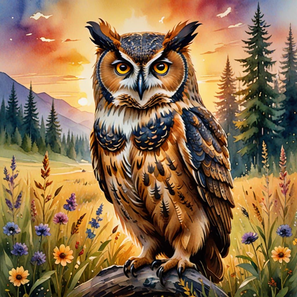 Majestic Bearowl in Enchanting Meadow Watercolor Painting
