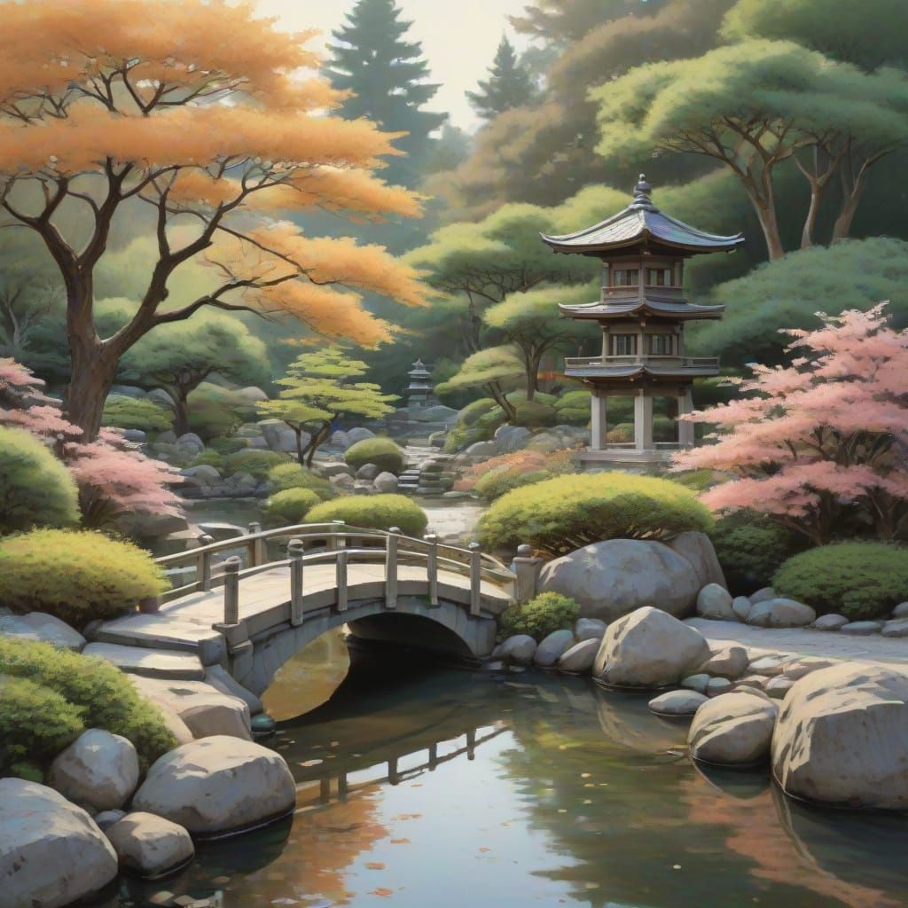 Secluded Zen Garden at Twilight in Watercolor Style