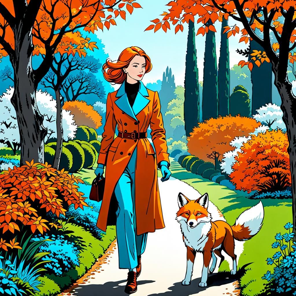 Woman and Dog in Clear Line Style Garden