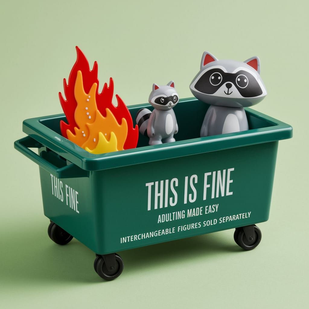 Surreal Toy Box Chaos with Raccoon and Fire