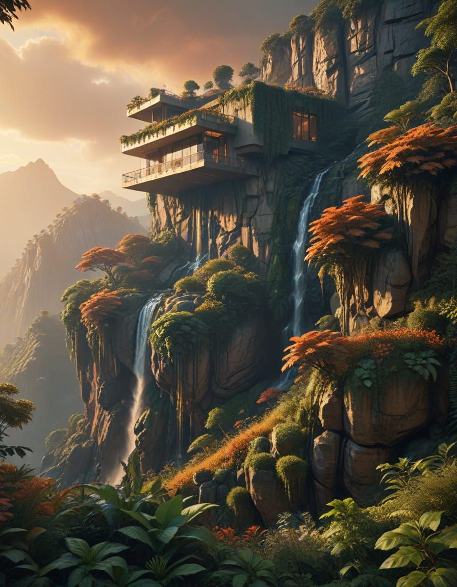 Dreamlike Waterfall Estate in Majestic Mountain Landscape