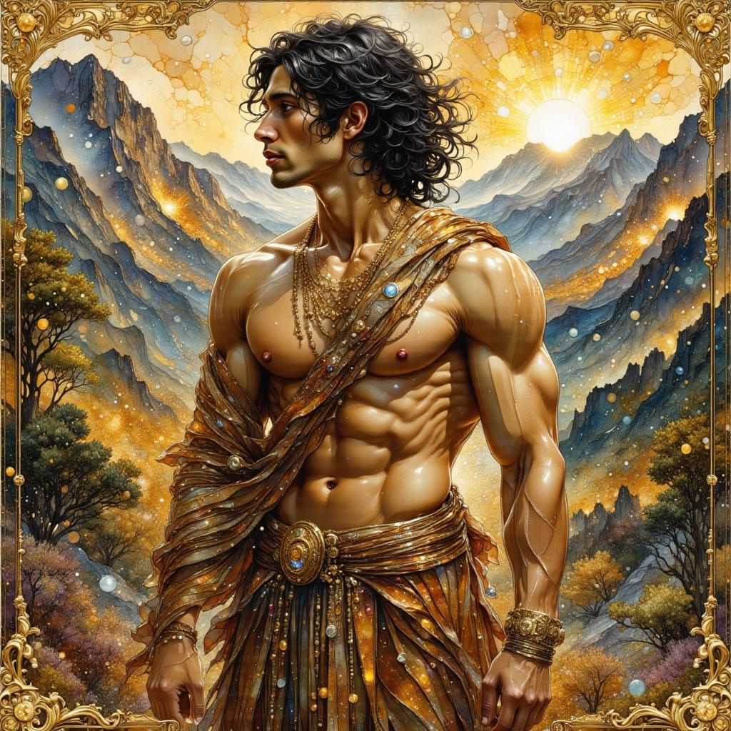 Greek God Portrait with Gold Accents in Art Nouveau