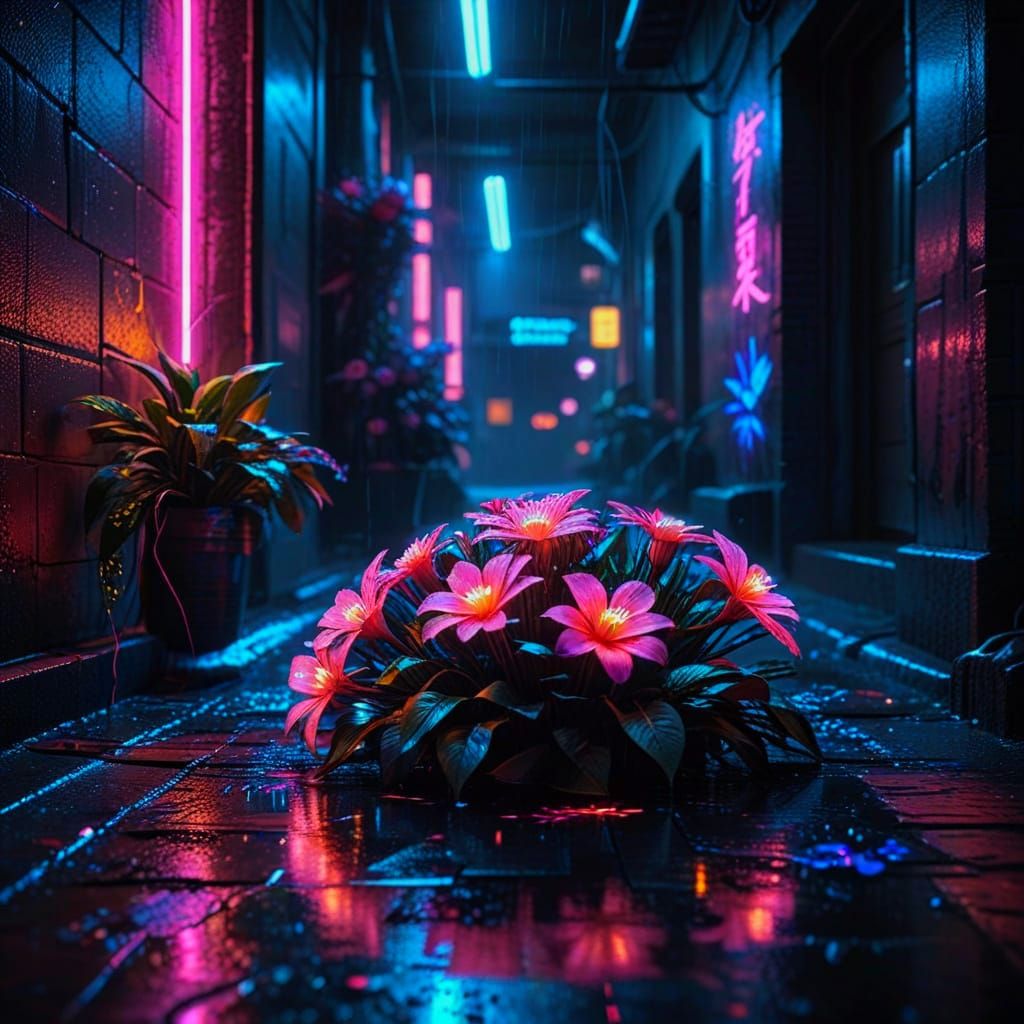 Cyberpunk Florist Arranging Glowing Pixel-Flowers in Neon St...
