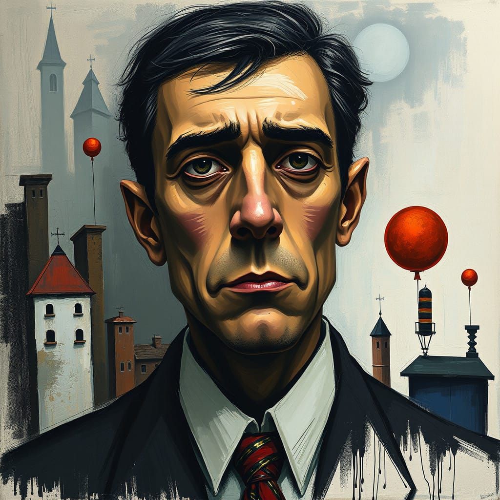 Mysterious Figure Amidst Surreal Architecture in Distressed...