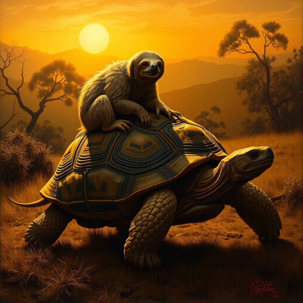 Regal Sloth Rides Tortoise in Baroque Masterpiece