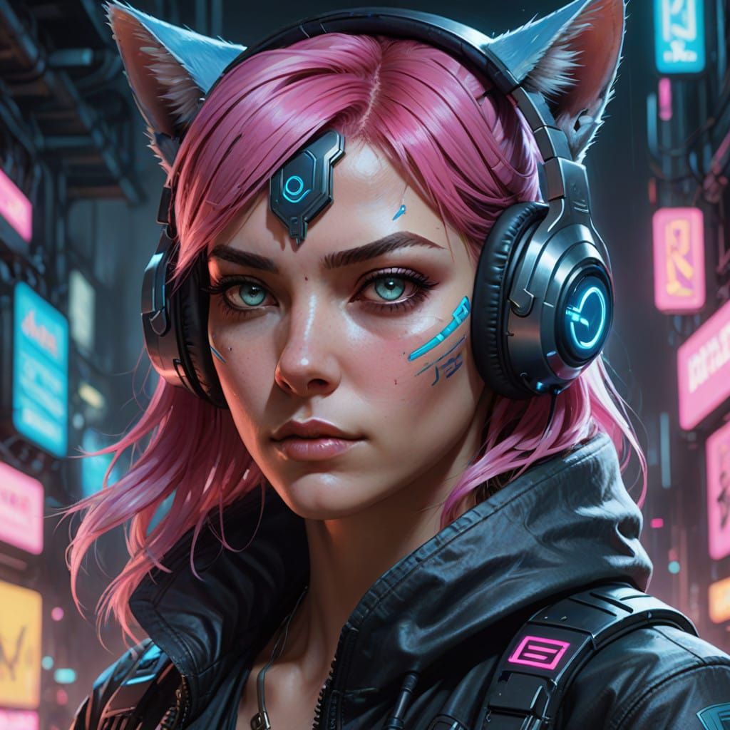 Cyberpunk Cat Girl Portrait in Hyper-Realistic Style