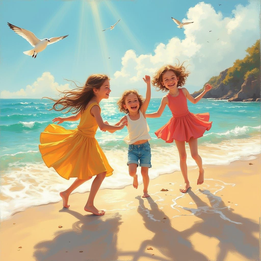 Joyful Children Dancing Along the Sun-Kissed Shoreline