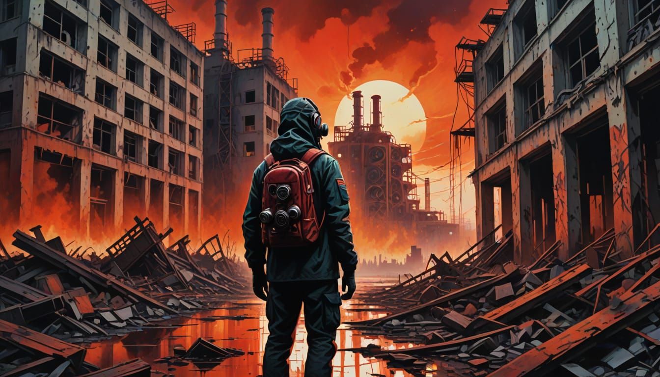 Lone Stalker Amidst Chernobyl's Ruins in Cyberpunk Style