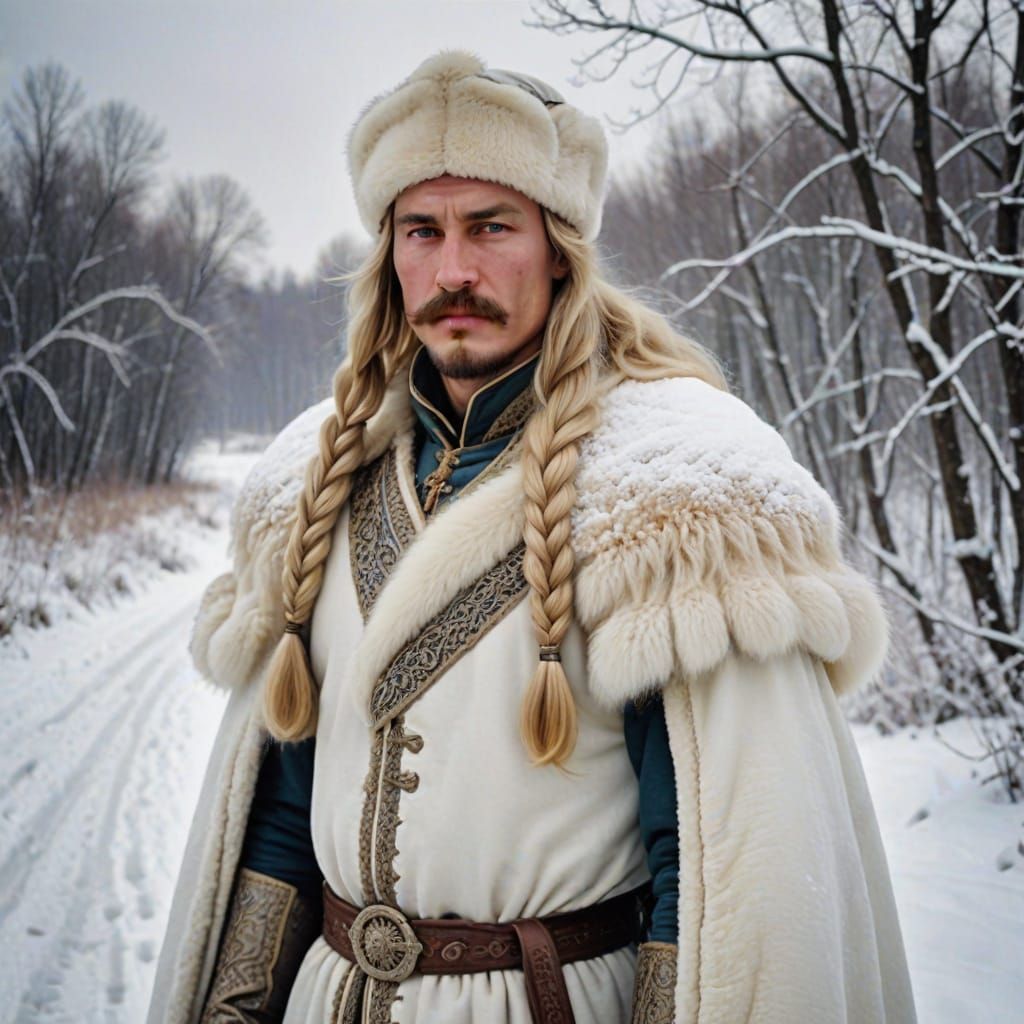 Medieval Prince in Snowy Landscape with Fur Coat
