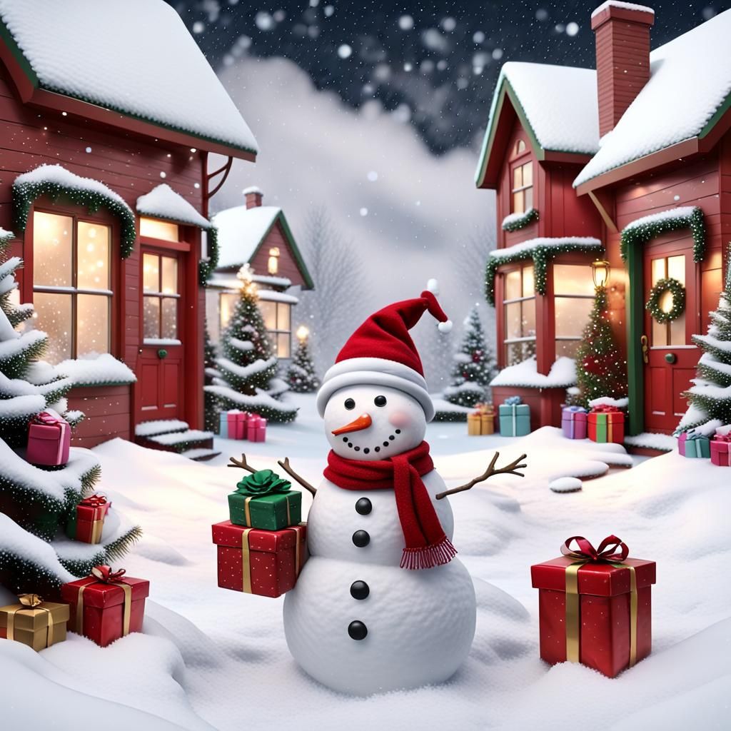 Magical Christmas Snowman with Elves and Presents