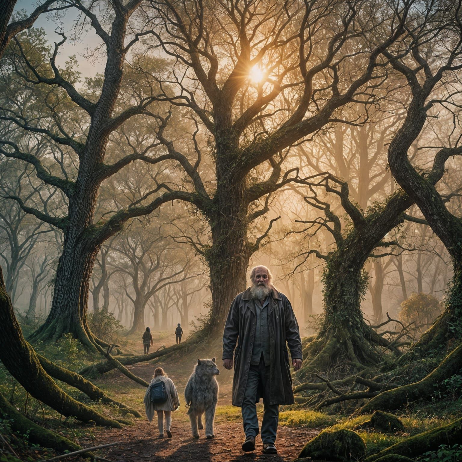 Dreamlike Sunset Forest Scene with Surreal Figures