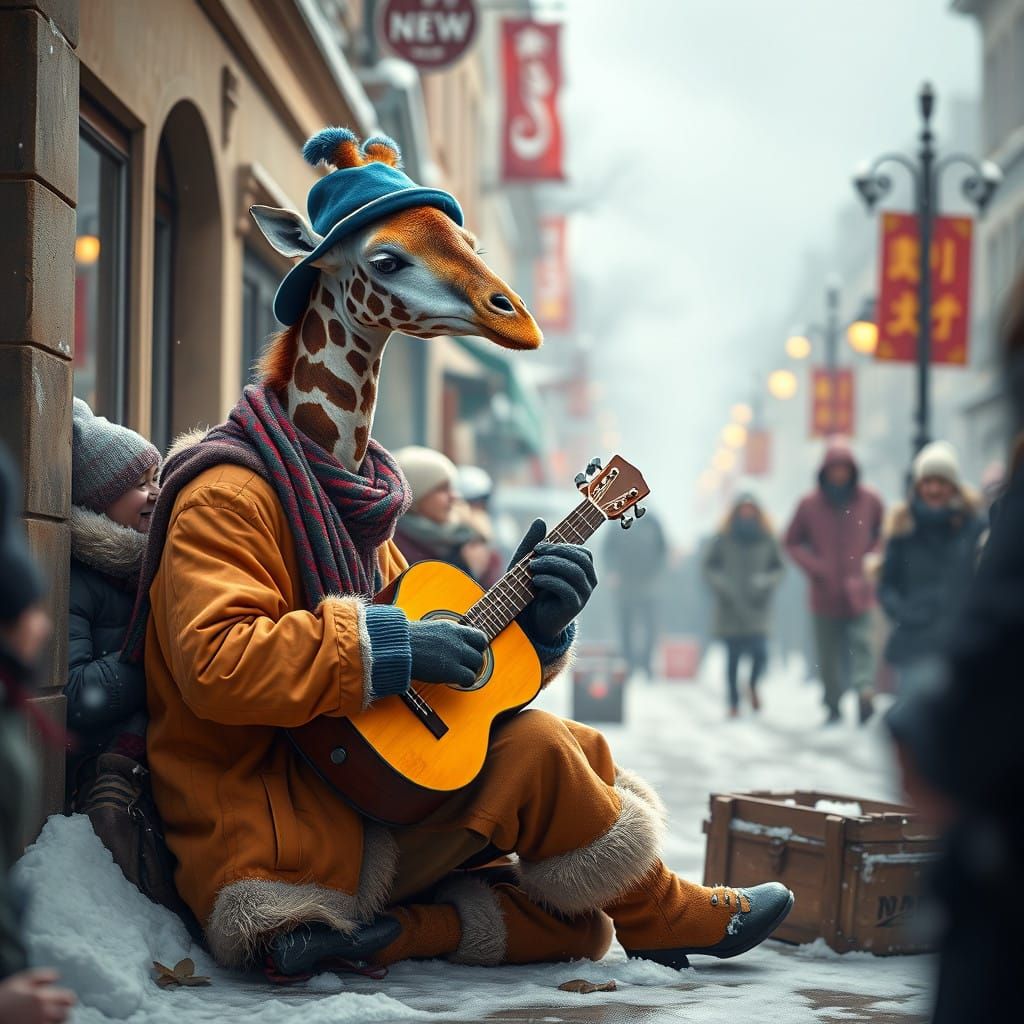Giraffe Street Musician Enchants Winter Audience with Vibran...