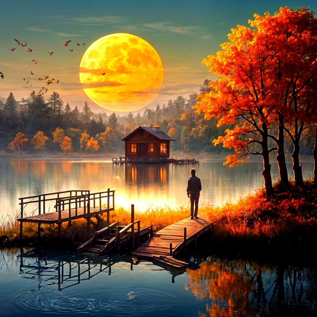 Serene Autumn Moonlit Lake with Silhouetted Figures