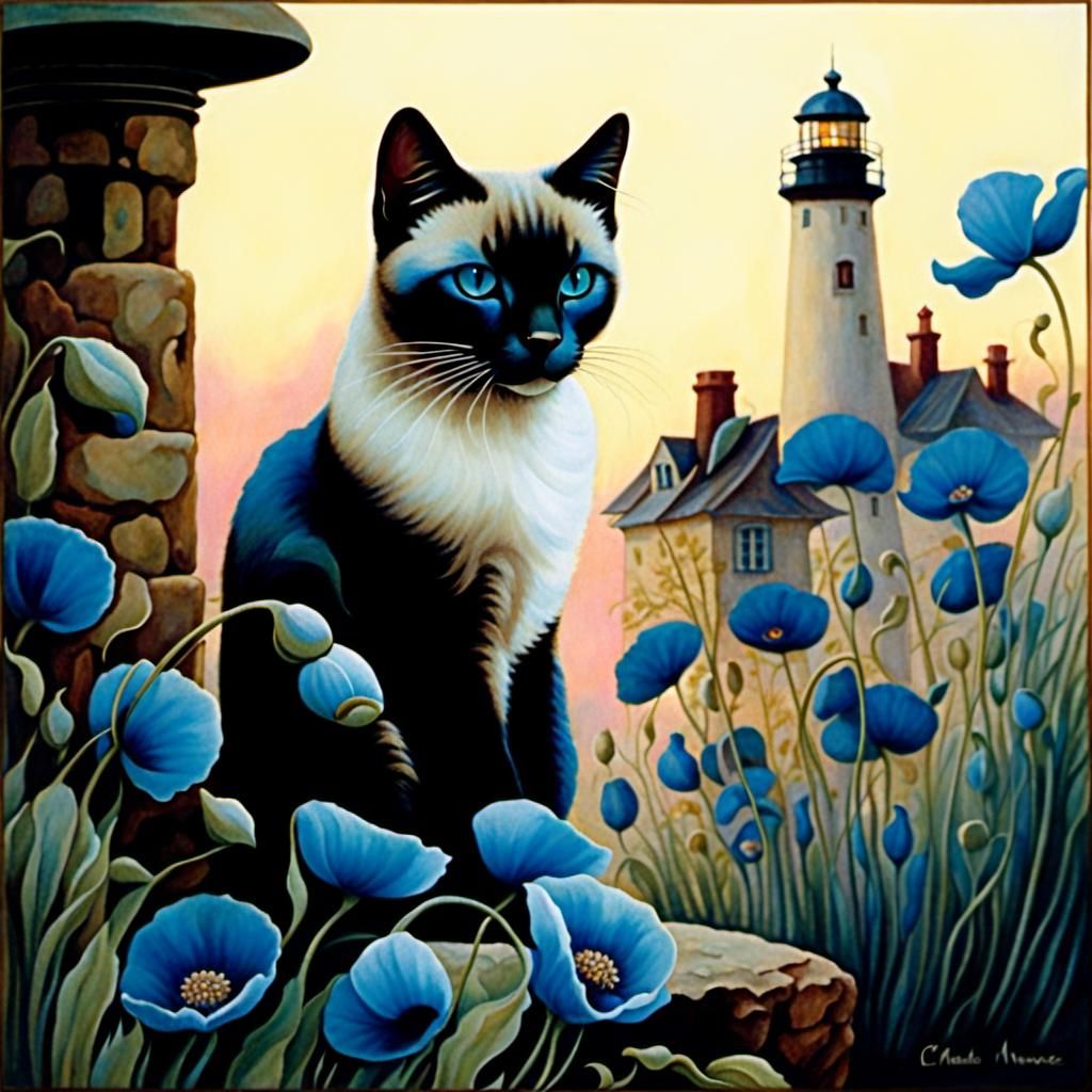 beautiful blue poppies surround an exotic Siamese cat who si...