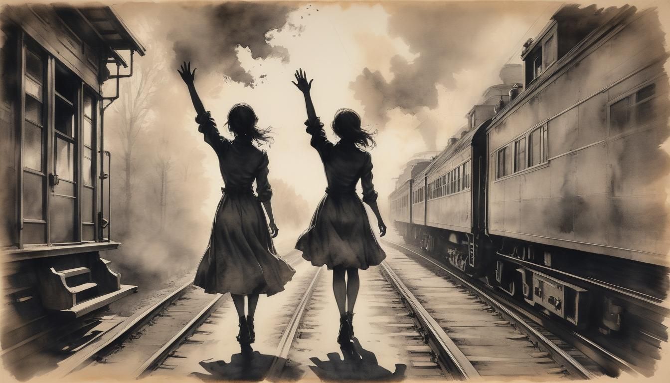 Girl Waving at Train: Hyperdetailed Charcoal Silhouette