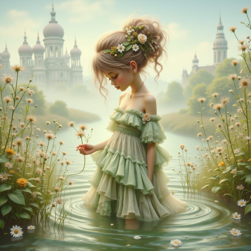 Serene Woman in Water Amidst Flowers, European Cityscape