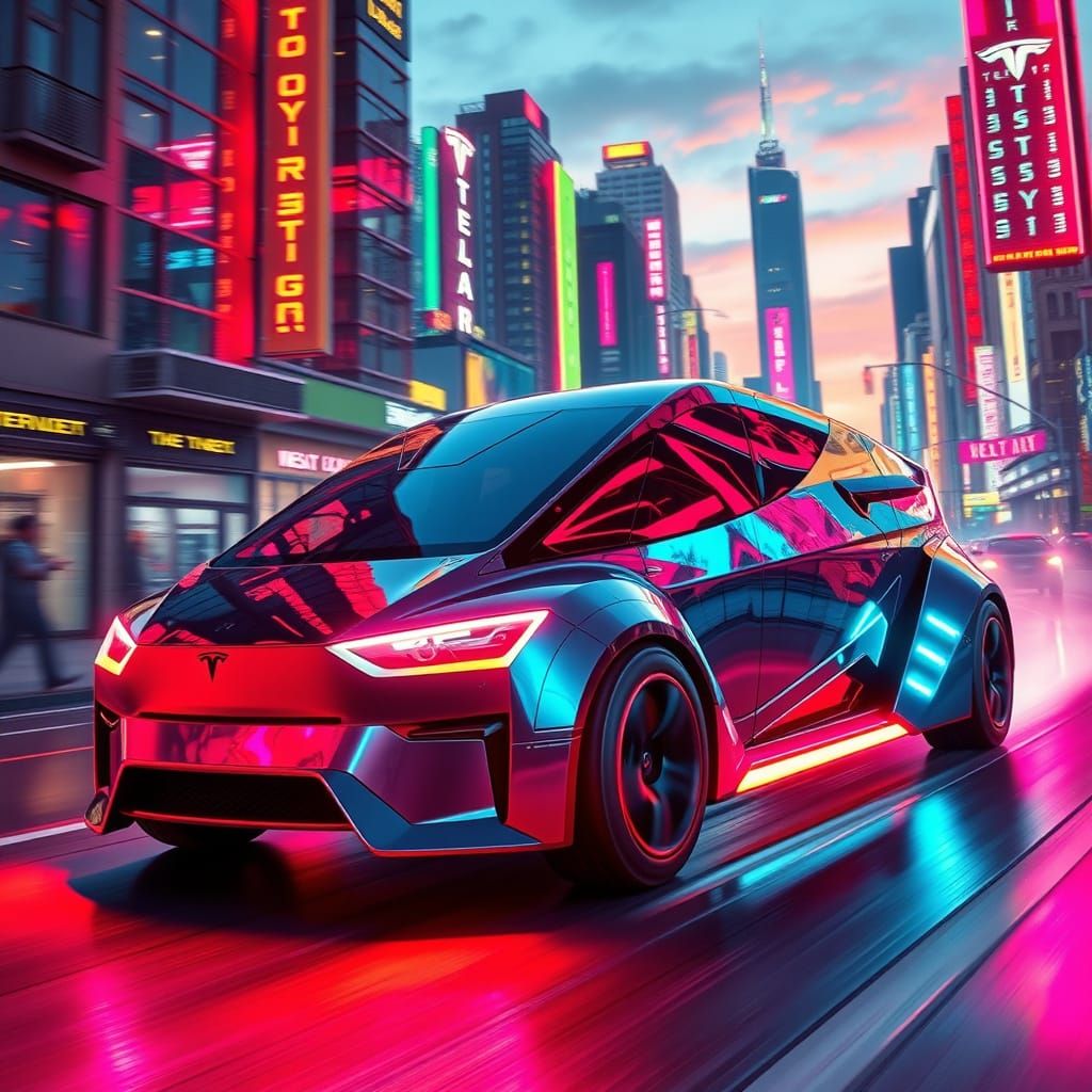Cyberpunk Tesla Truck Speeding Through Neon City