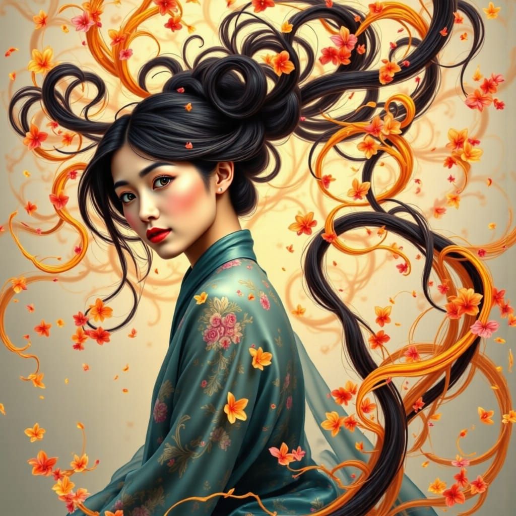 Elegant Asian Woman Portrait in Art Nouveau Style