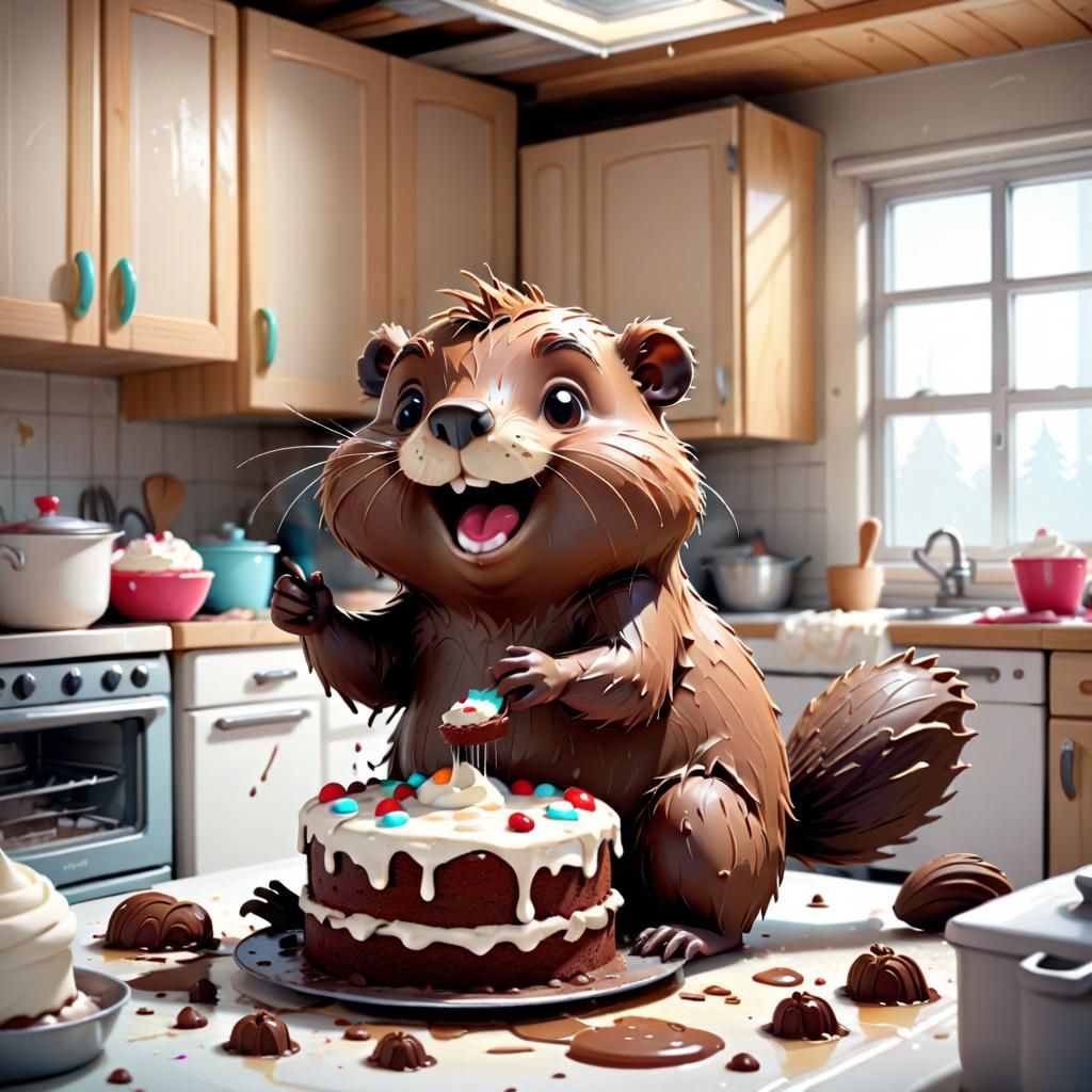 Cheerful Chibi Beaver Baking a Cake